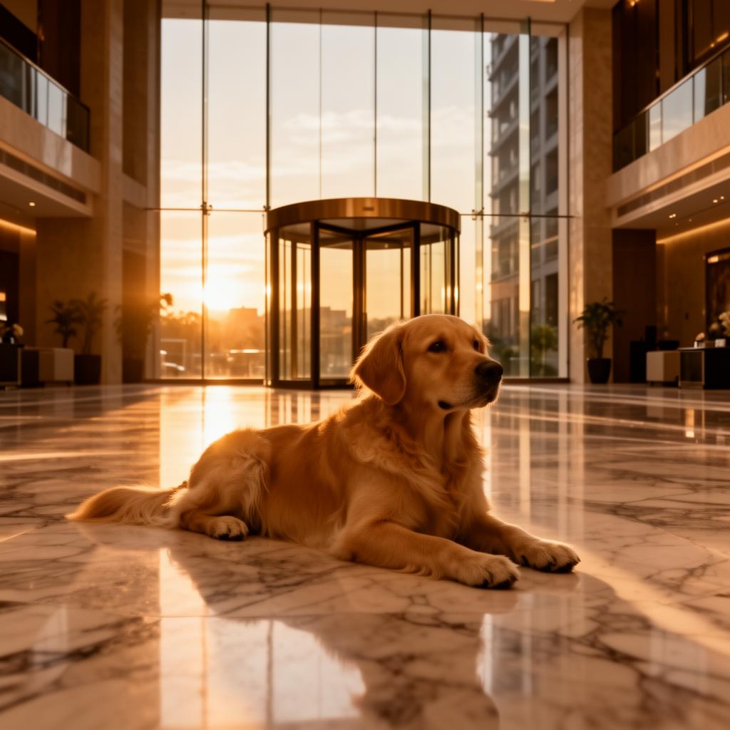 Golden retriever in a luxury apartment lobby at sunset