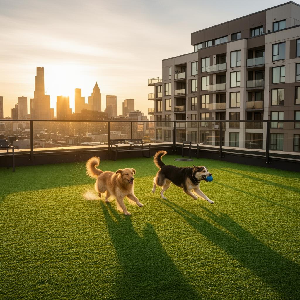 Dogs playing on a rooftop dog park